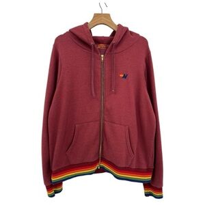 Aviator Nation Rainbow Rib Zip Hoodie in Claret/Burgundy - Unisex